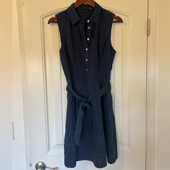 Tahari Dresses & Skirts - Tahari Navy Linen Sleeveless Shirt Dress with Tie Waist Size 6
